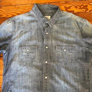 PD & C Long Sleeve Pearl Snaps Blue Denim Men's Cotton Shirt Size Large